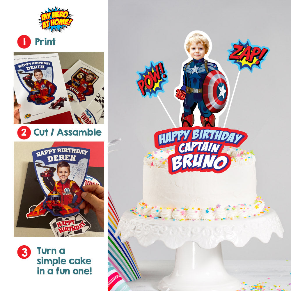 Customized Captain America Cake topper with your kid as his favorite Avenger. 075CT