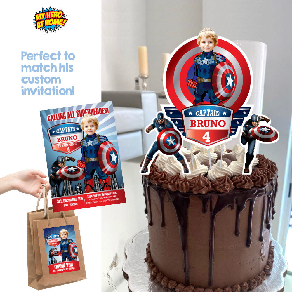 Customized Captain America Cake topper with your kid as his favorite Avenger. 075CT