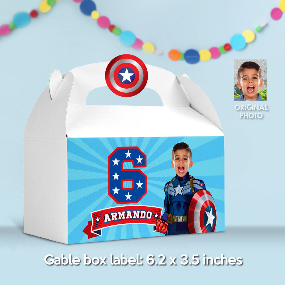 Custom Captain America Gable Box label with photo (Party favors themed Capt America). 075GB2