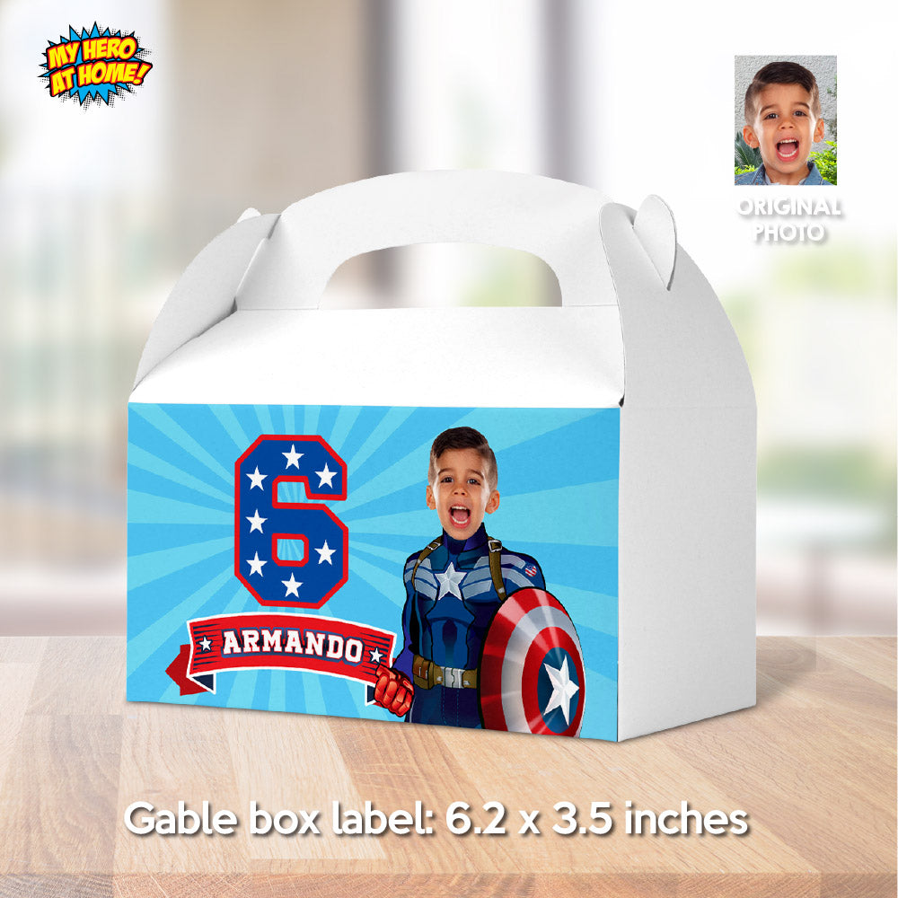 Custom Captain America Gable Box label with photo (Party favors themed Capt America). 075GB2