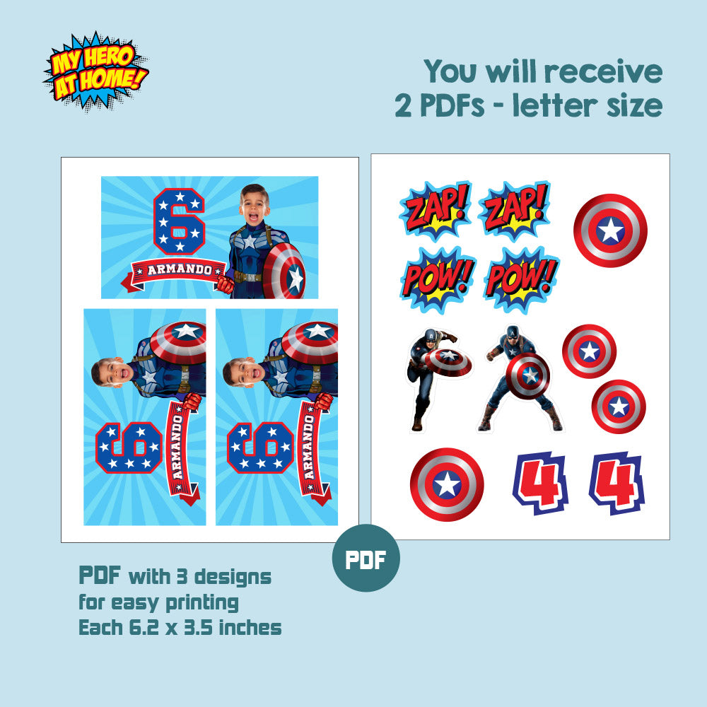Custom Captain America Gable Box label with photo (Party favors themed Capt America). 075GB2