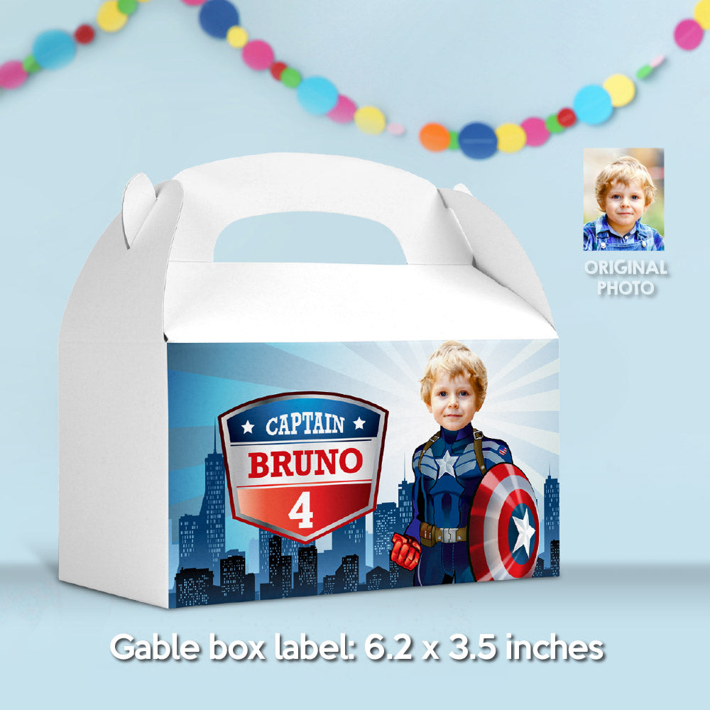 Set of matching snacks labels for a Captain America theme Party with photo. 075B3