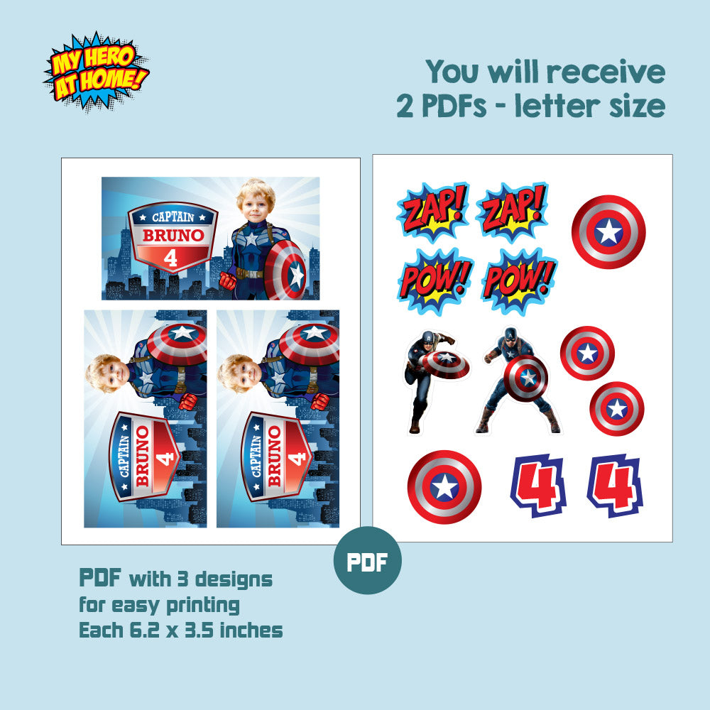 Set of matching snacks labels for a Captain America theme Party with photo. 075B3
