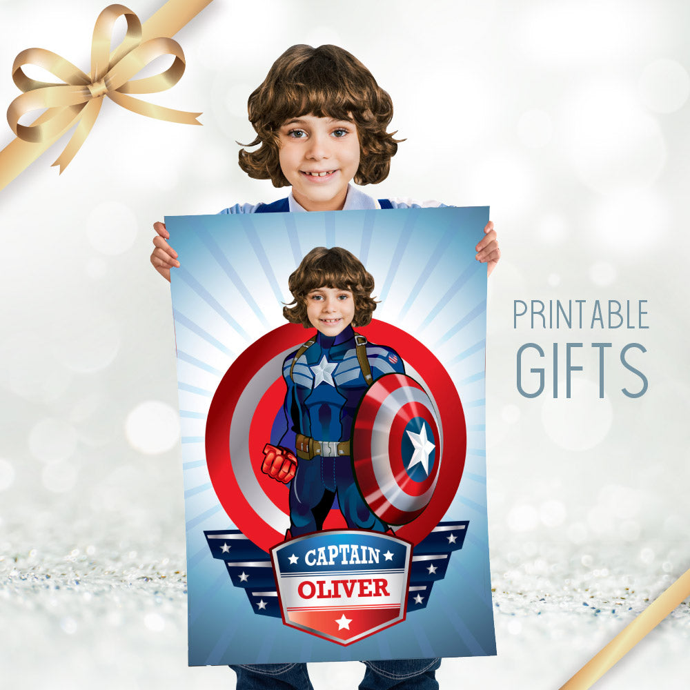 Personalized Captain America Printable Gifts with kid as his favorite Avenger, Captain America Poster with photo. 075GF