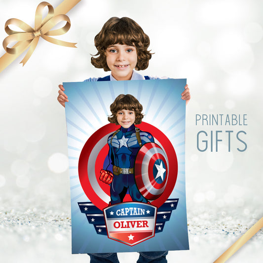 Personalized Captain America Printable Gifts with kid as his favorite Avenger, Captain America Poster with photo. 075GF
