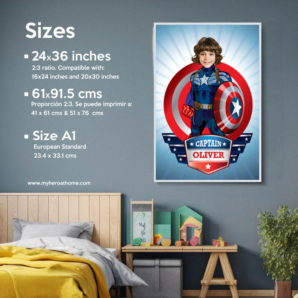 Personalized Captain America Printable Gifts with kid as his favorite Avenger, Captain America Poster with photo. 075GF