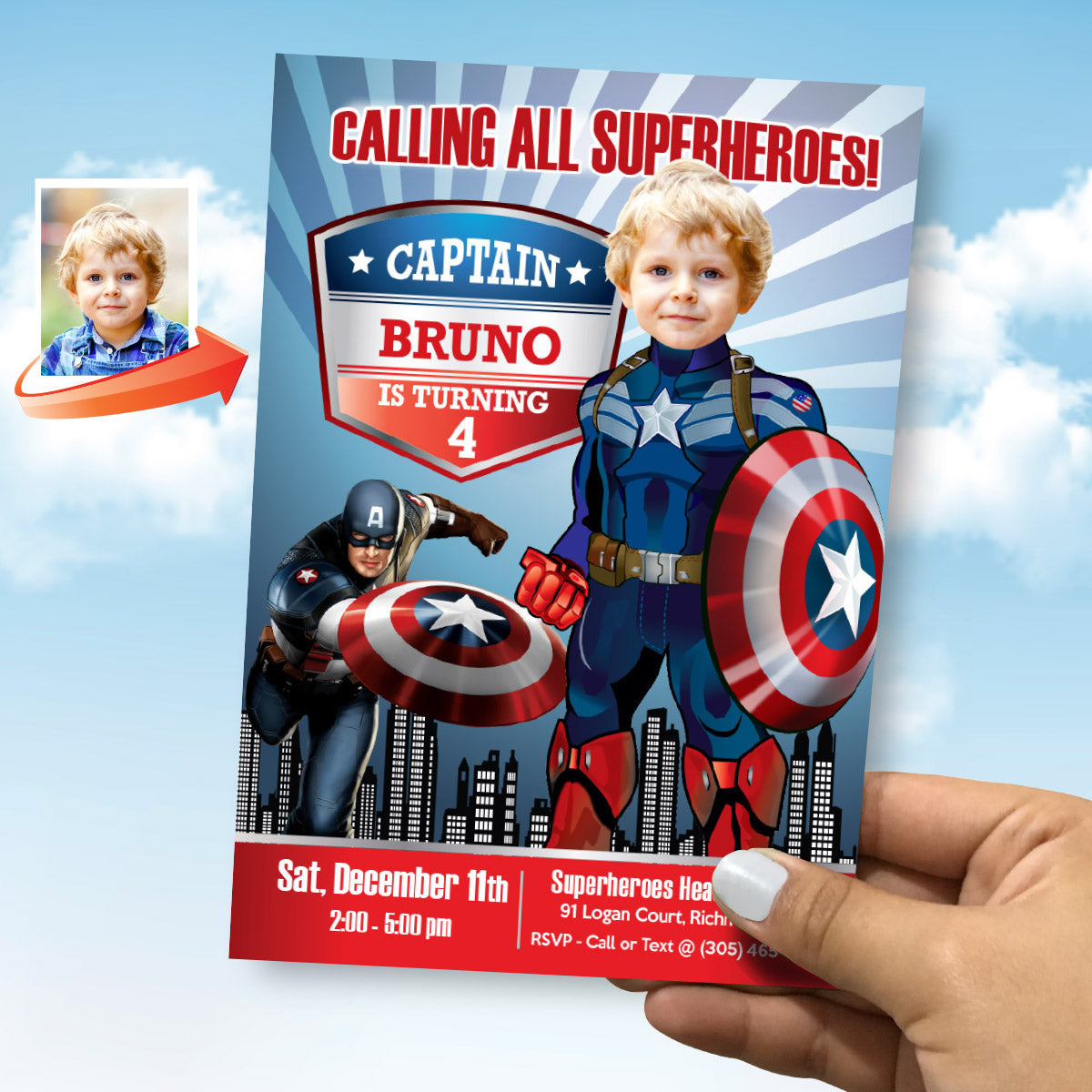 Personalized Captain America Party template Invitation with photo (Capt America birthday themed). 075IN