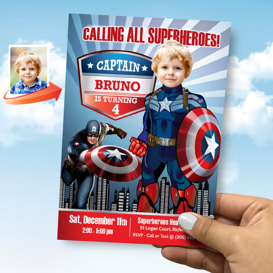 Personalized Captain America Party template Invitation with photo (Capt America birthday themed). 075IN