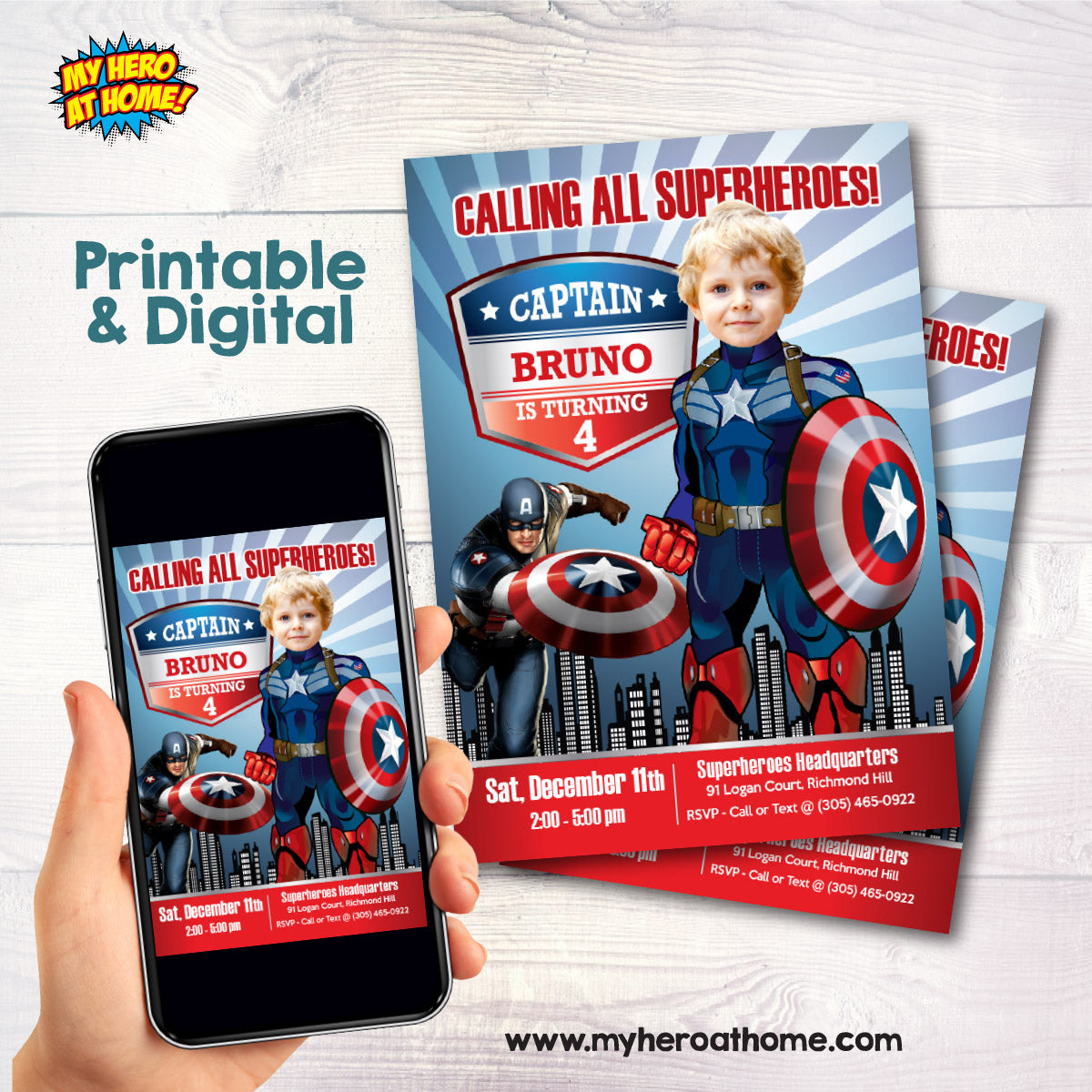 Personalized Captain America Party template Invitation with photo (Capt America birthday themed). 075IN