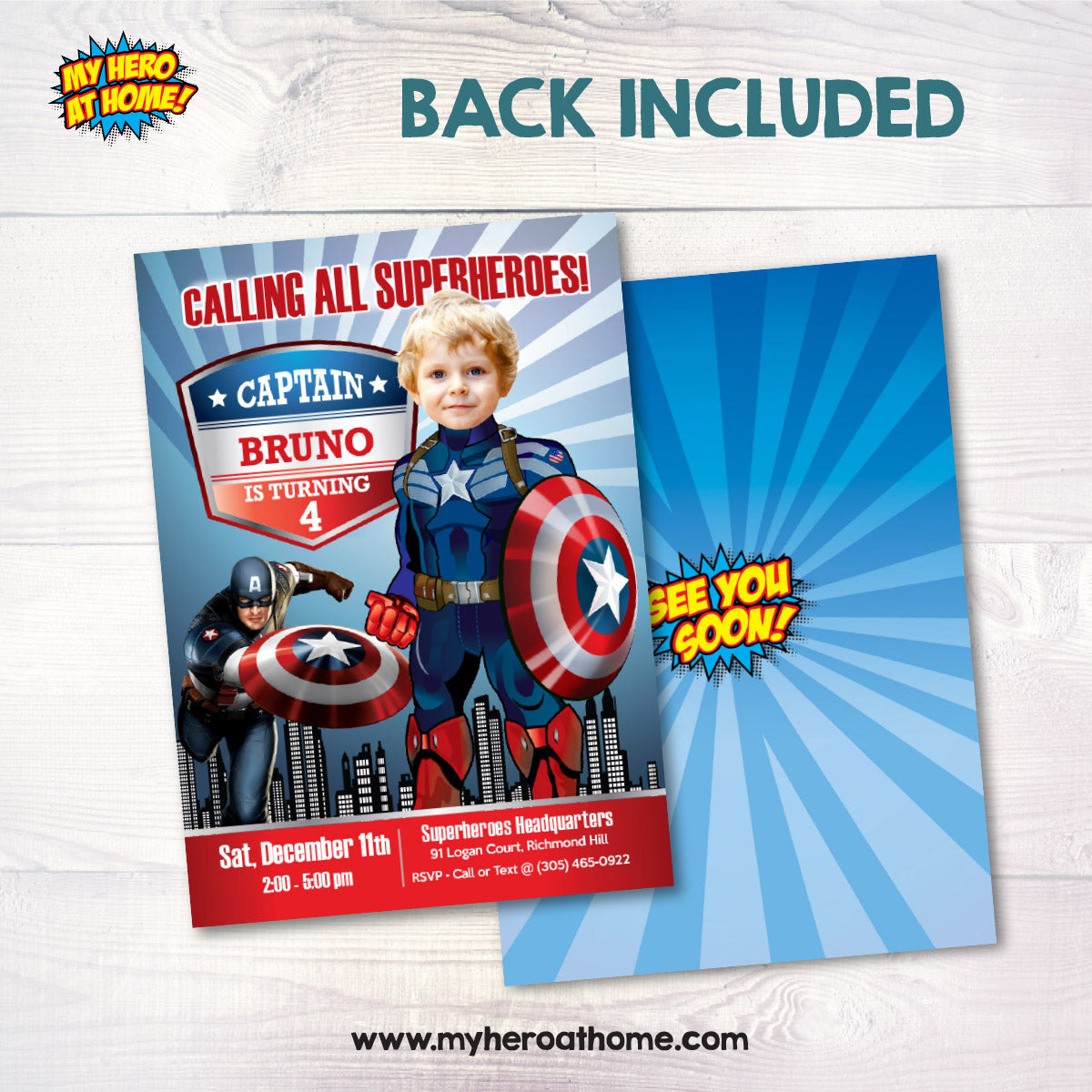 Personalized Captain America Party template Invitation with photo (Capt America birthday themed). 075IN