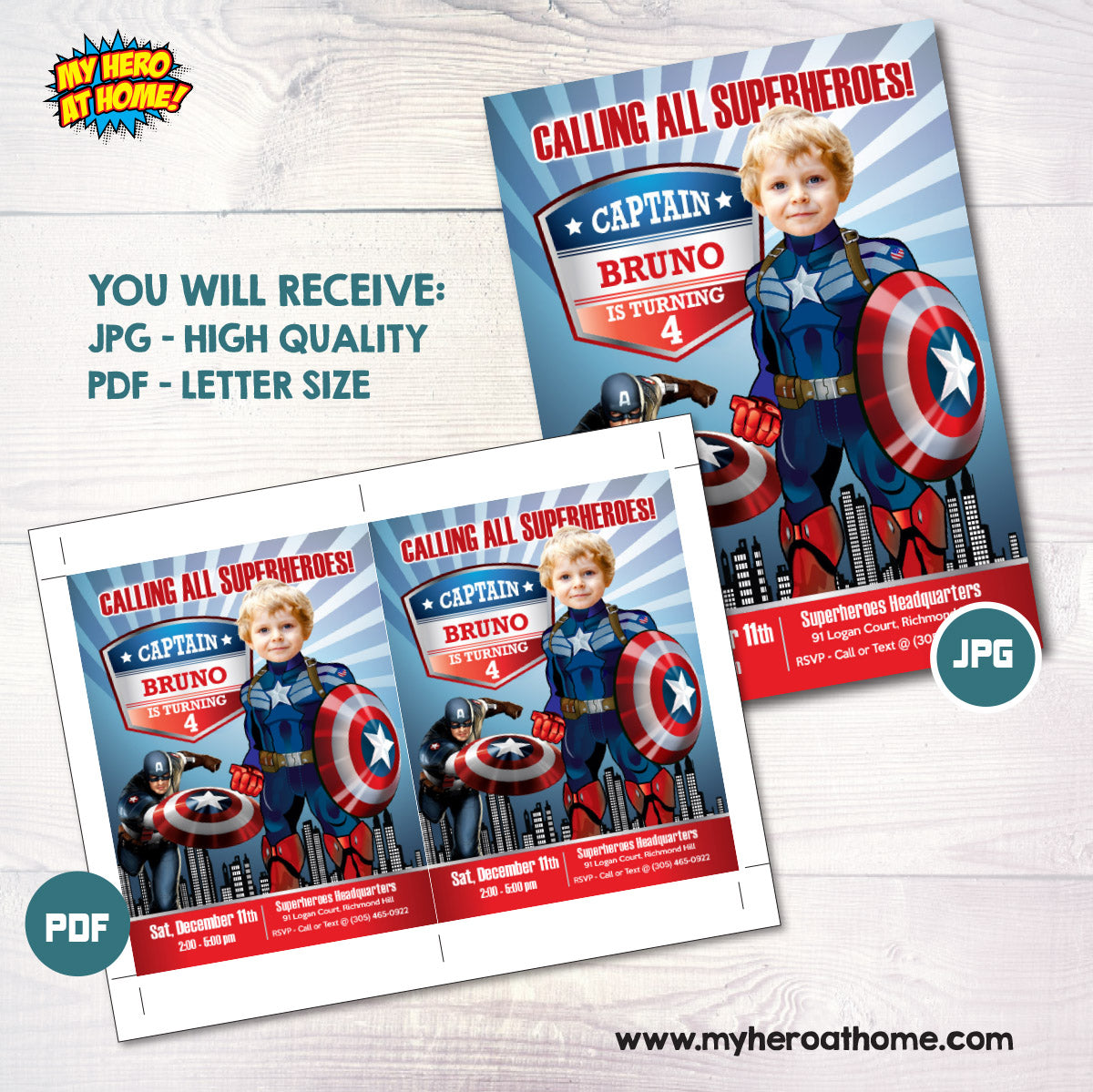 Personalized Captain America Party template Invitation with photo (Capt America birthday themed). 075IN
