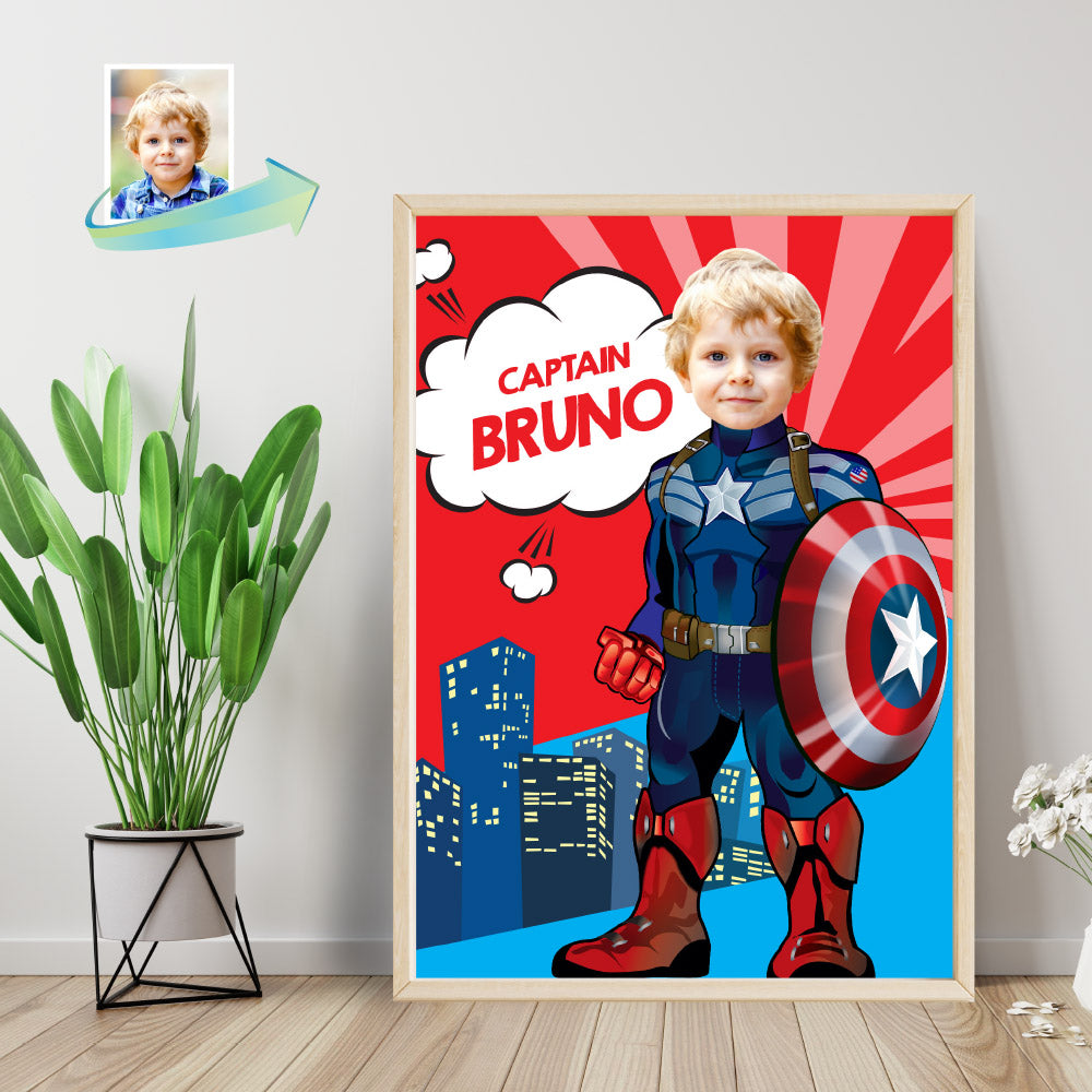 Personalized Captain America Poster with kid as his favorite superhero. 075PG