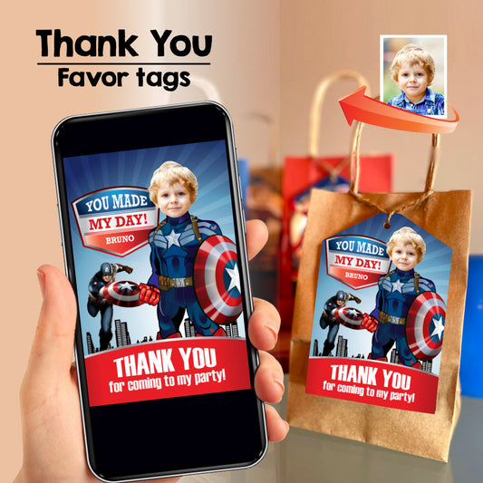 Custom Captain America thank you with photo, Capt America favors tags. 075TY