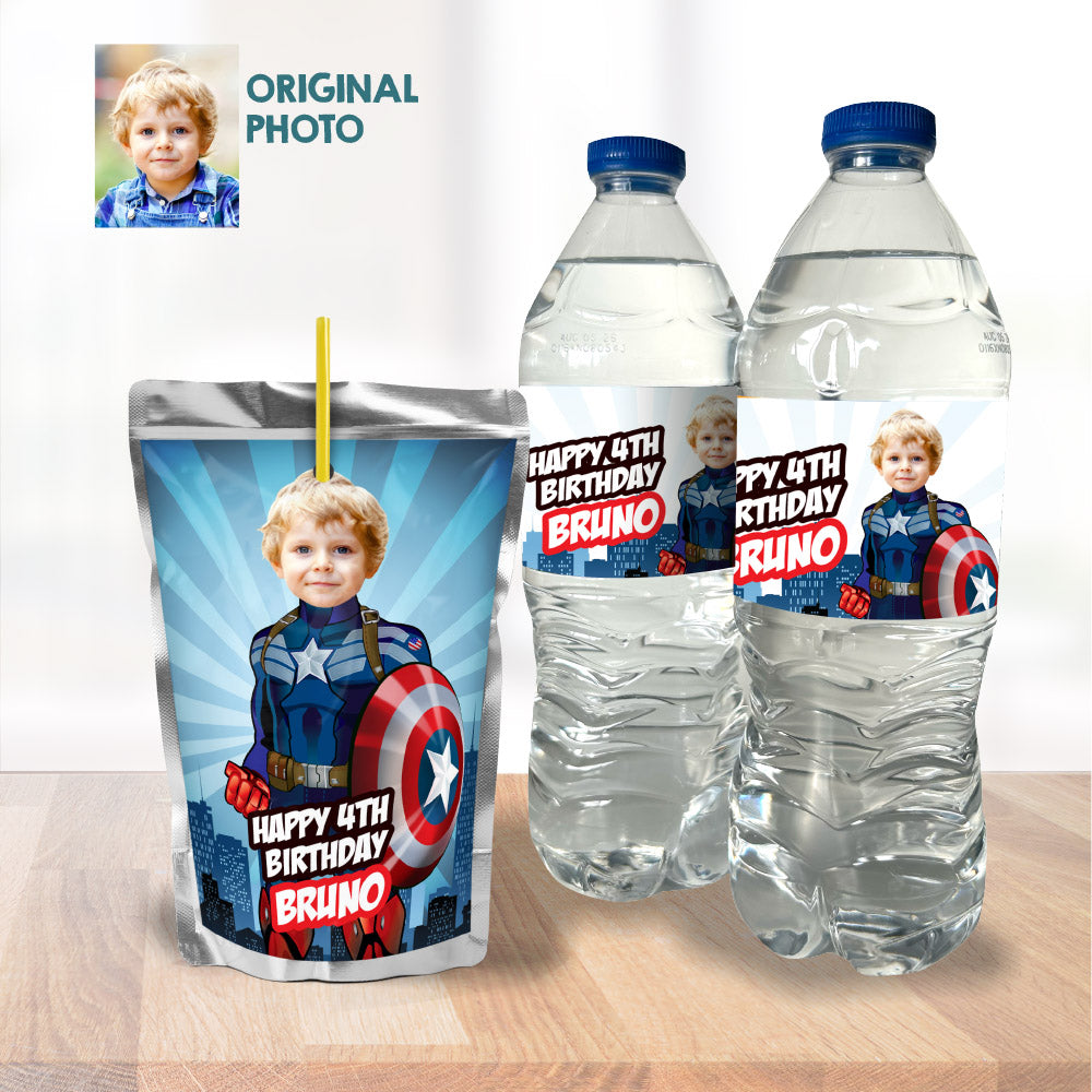 Set of matching snacks labels for a Captain America theme Party with photo. 075B3