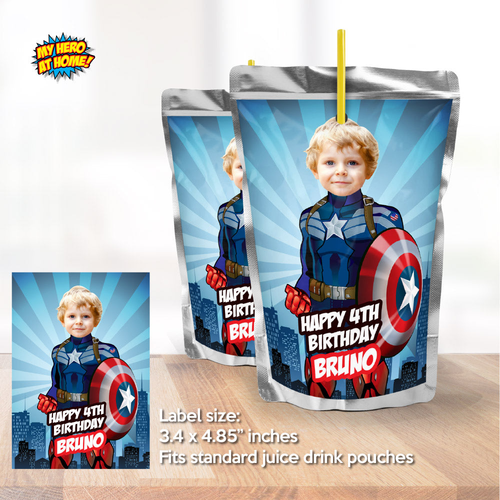 Custom Captain America party drinks labels with photo (Water and Juices wrappers). 075WJ