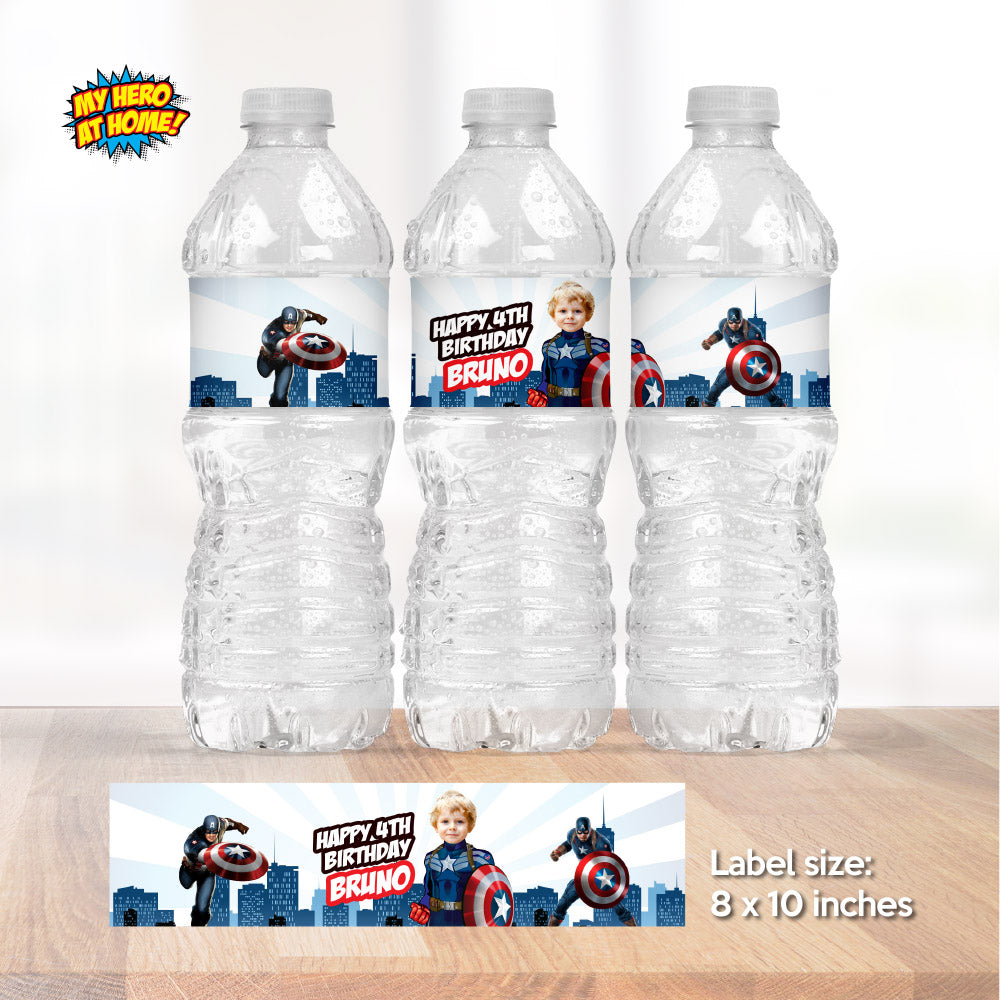 Custom Captain America party drinks labels with photo (Water and Juices wrappers). 075WJ