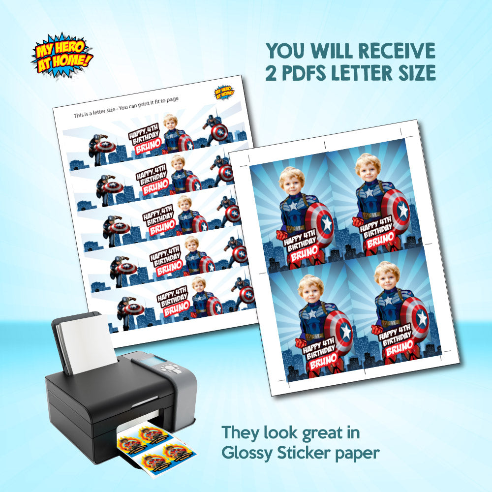 Set of matching snacks labels for a Captain America theme Party with photo. 075B3