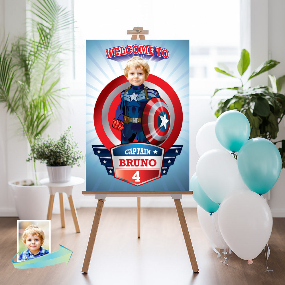 Personalized Captain America Welcome sign with birthday boy as his favorite Avenger. 075WS2