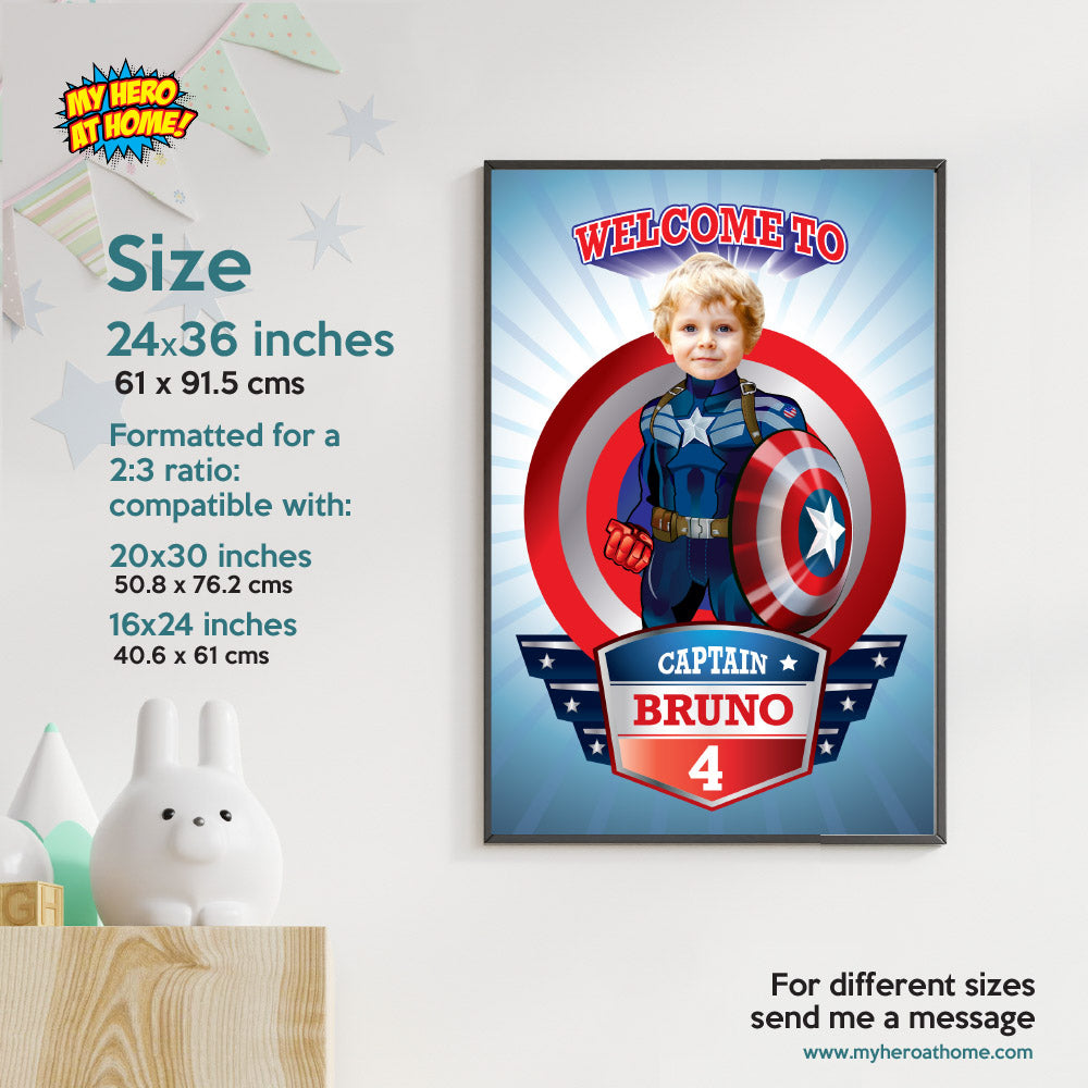 Personalized Captain America Welcome sign with birthday boy as his favorite Avenger. 075WS2