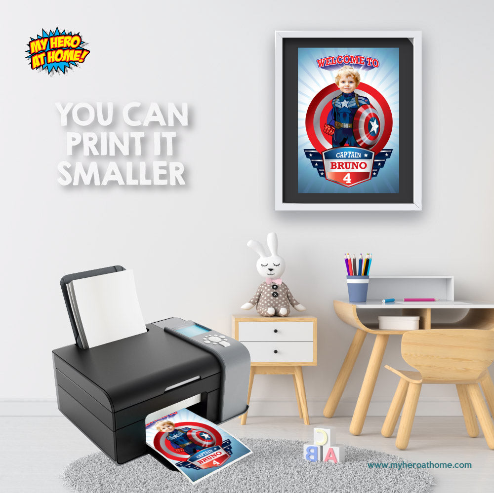 Personalized Captain America Welcome sign with birthday boy as his favorite Avenger. 075WS2