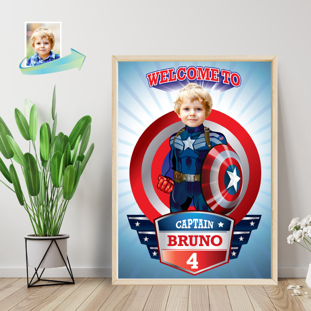 Personalized Captain America Welcome sign with birthday boy as his favorite Avenger. 075WS2