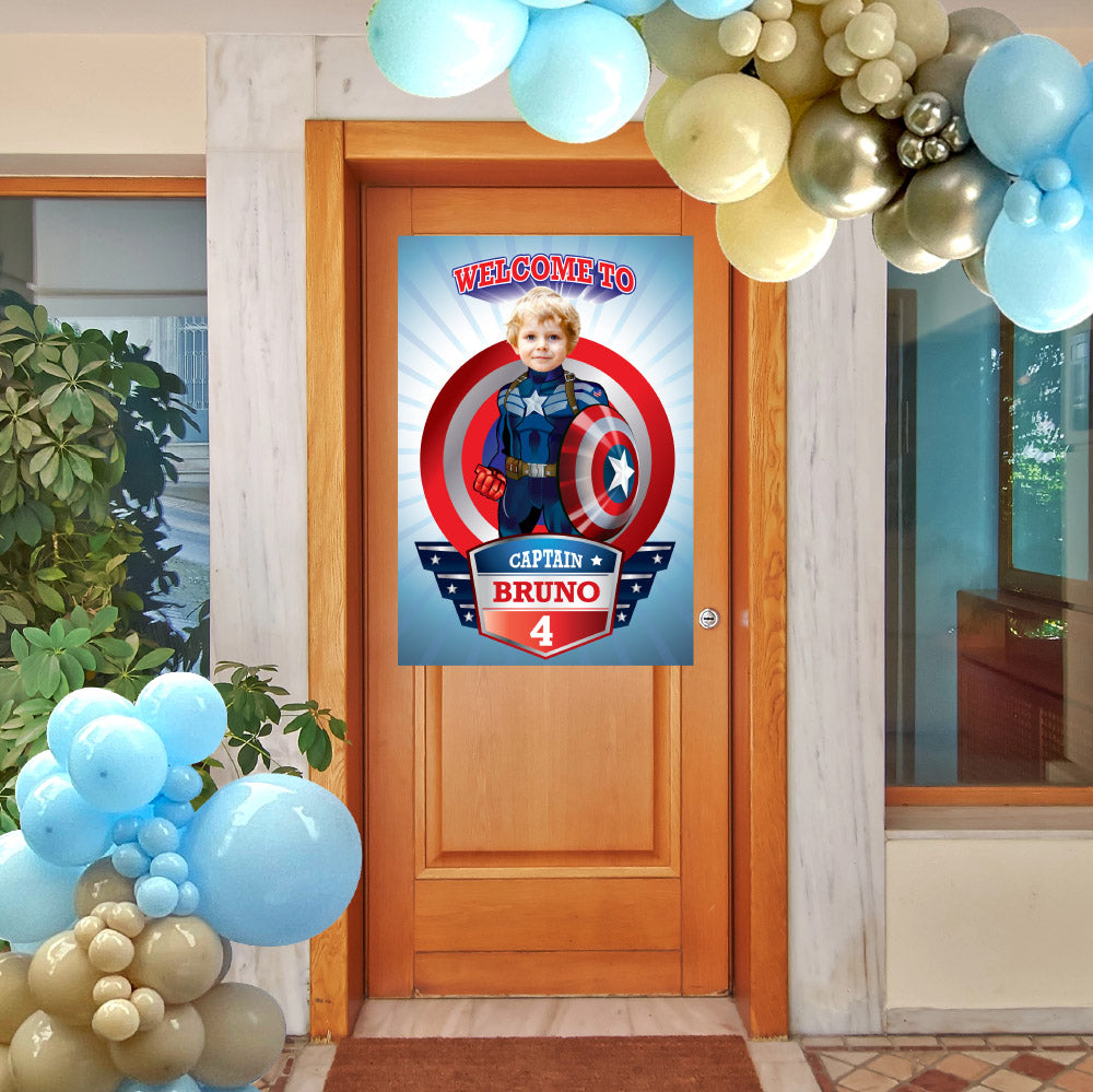 Personalized Captain America Welcome sign with birthday boy as his favorite Avenger. 075WS2
