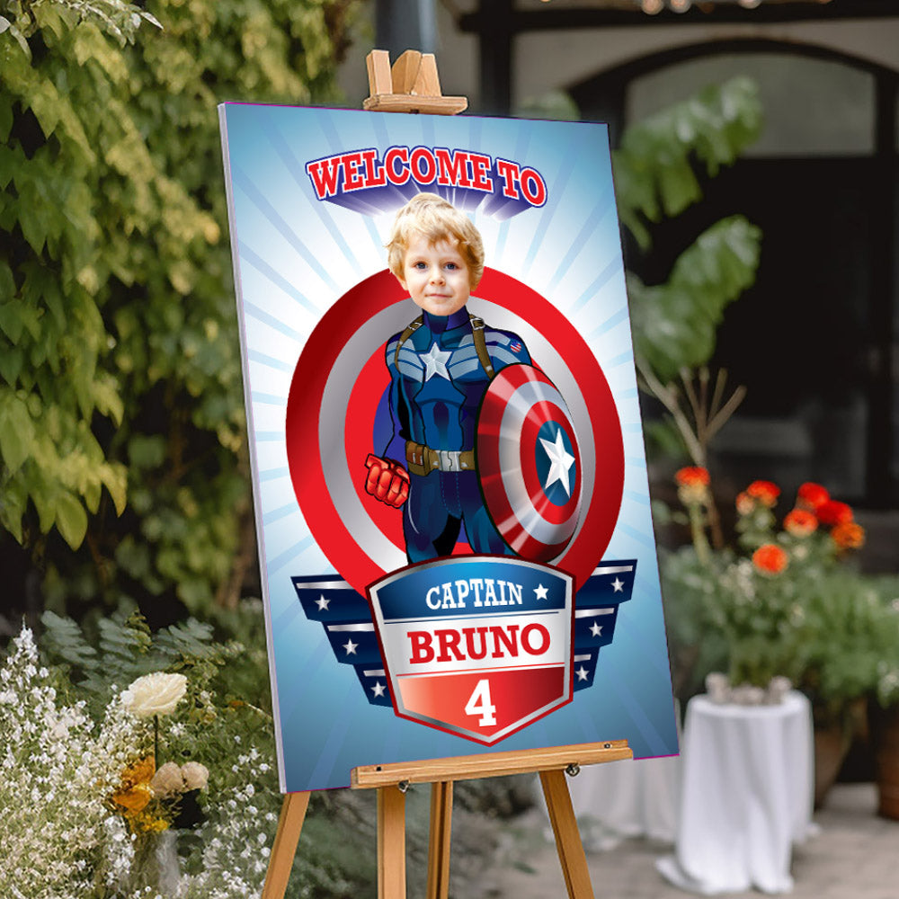 Personalized Captain America Welcome sign with birthday boy as his favorite Avenger. 075WS2