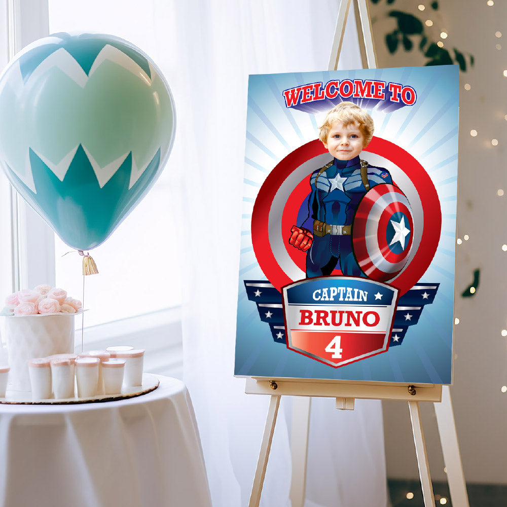 Personalized Captain America Welcome sign with birthday boy as his favorite Avenger. 075WS2