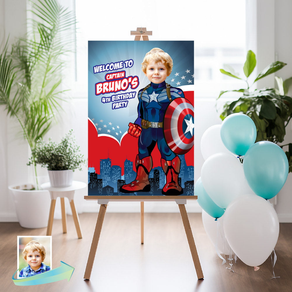 Captain America Welcome sign with your birthday boy as Capt America. 075WS