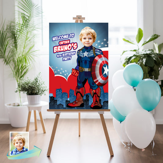 Captain America Welcome sign with your birthday boy as Capt America. 075WS