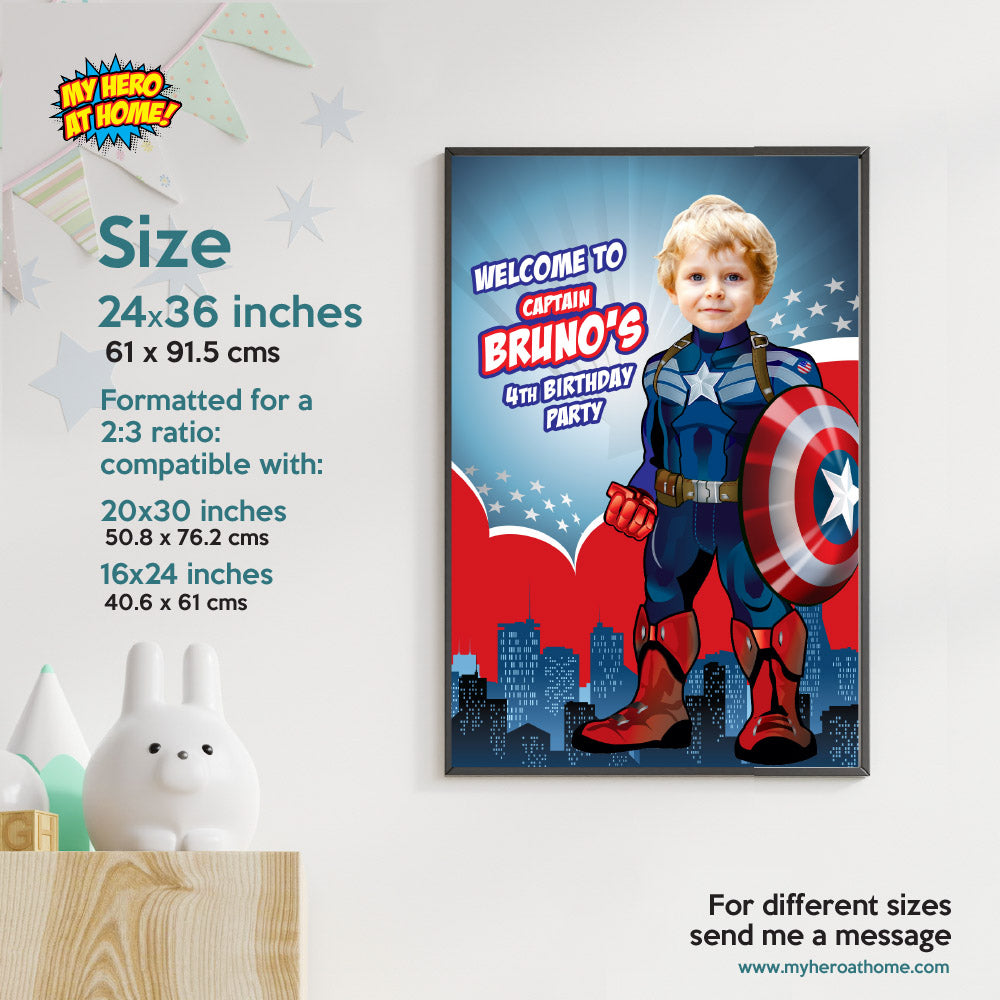 Captain America Welcome sign with your birthday boy as Capt America. 075WS