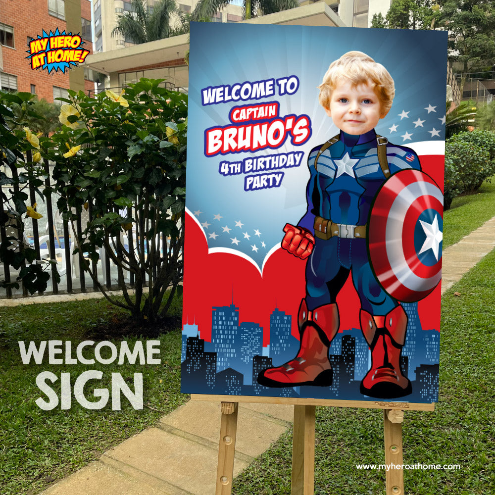 Captain America Welcome sign with your birthday boy as Capt America. 075WS