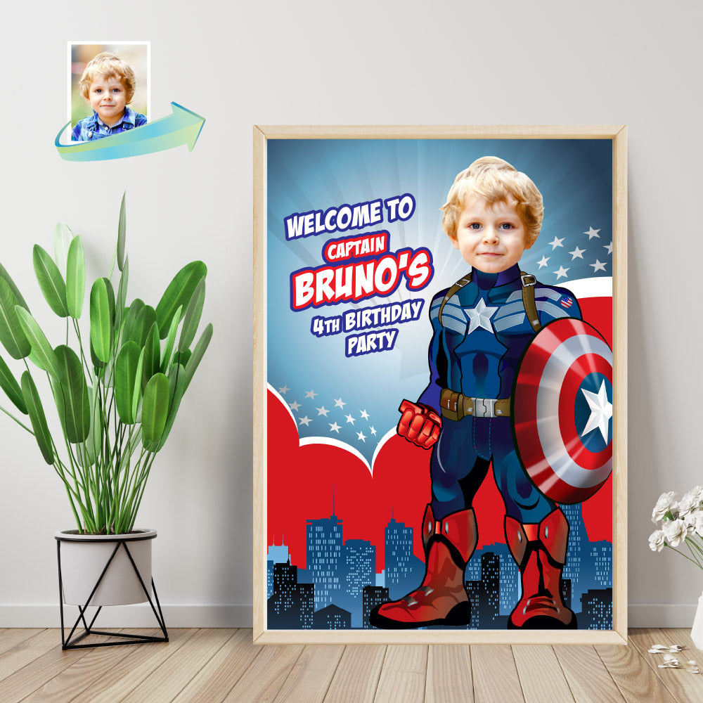 Captain America Welcome sign with your birthday boy as Capt America. 075WS