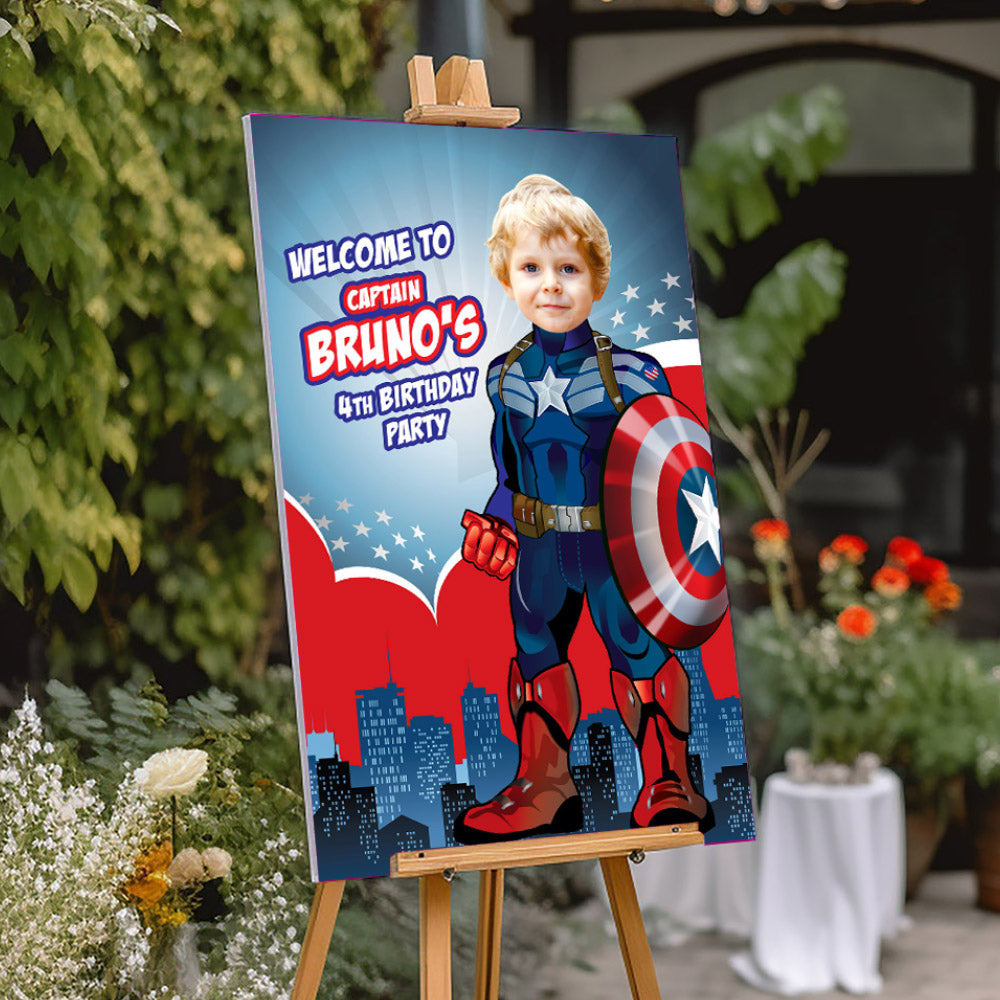 Captain America Welcome sign with your birthday boy as Capt America. 075WS