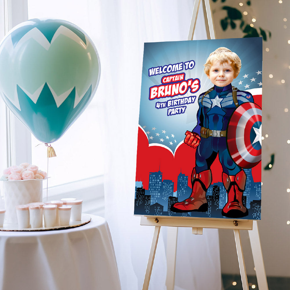 Captain America Welcome sign with your birthday boy as Capt America. 075WS