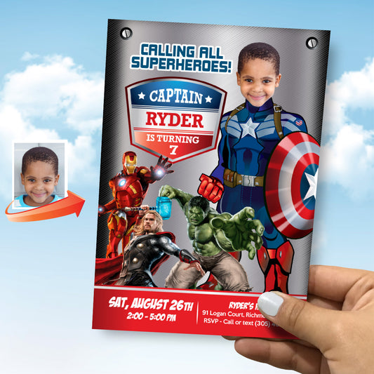 Captain America Avengers birthday Invitation with birthday boy as the Captain. 077IN