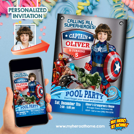 Captain America Pool Party Invitation Featuring Kid as the Superhero (Splash, Water Slide). 078