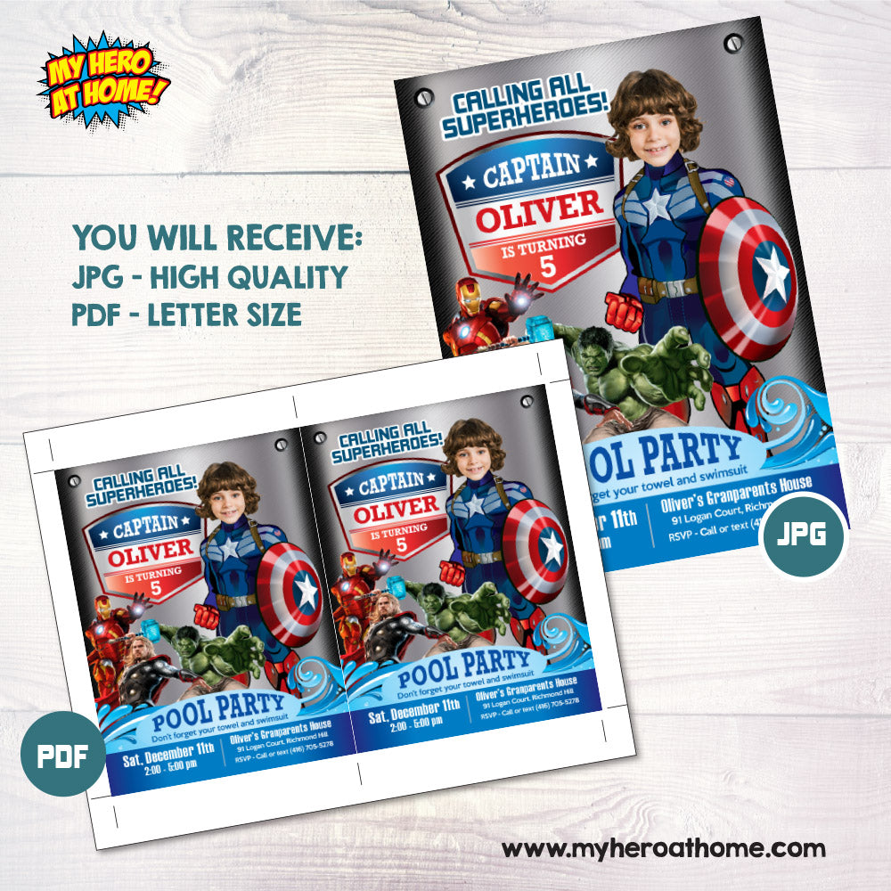Captain America Pool Party Invitation Featuring Kid as the Superhero (Splash, Water Slide). 078