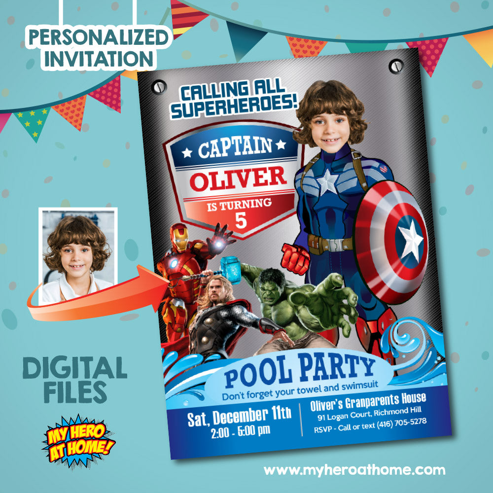 Captain America Pool Party Invitation Featuring Kid as the Superhero (Splash, Water Slide). 078