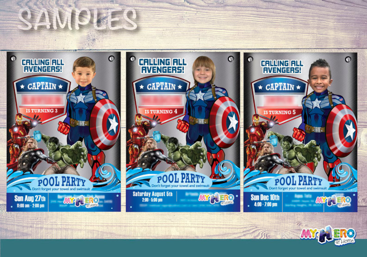 Captain America Pool Party Invitation Featuring Kid as the Superhero (Splash, Water Slide). 078