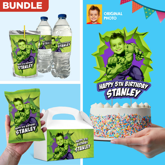 Bundle Hulk Birthday table with kid as his favorite superhero: Cake, snacks, favors. 089B1