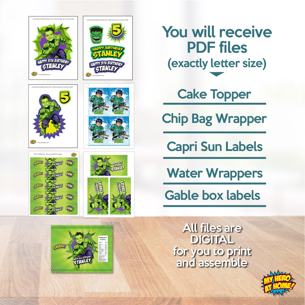 Bundle Hulk Birthday table with kid as his favorite superhero: Cake, snacks, favors. 089B1