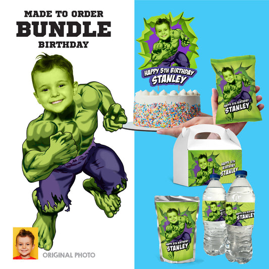 Bundle Hulk Birthday table with kid as his favorite superhero: Cake, snacks, favors. 089B1