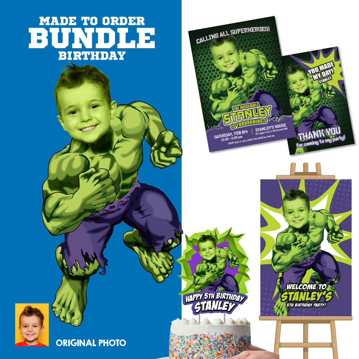 Customized Hulk Party Bundle with birthday kid as the star: Invitation, Thanks, Cake, Welcome. 089B2B