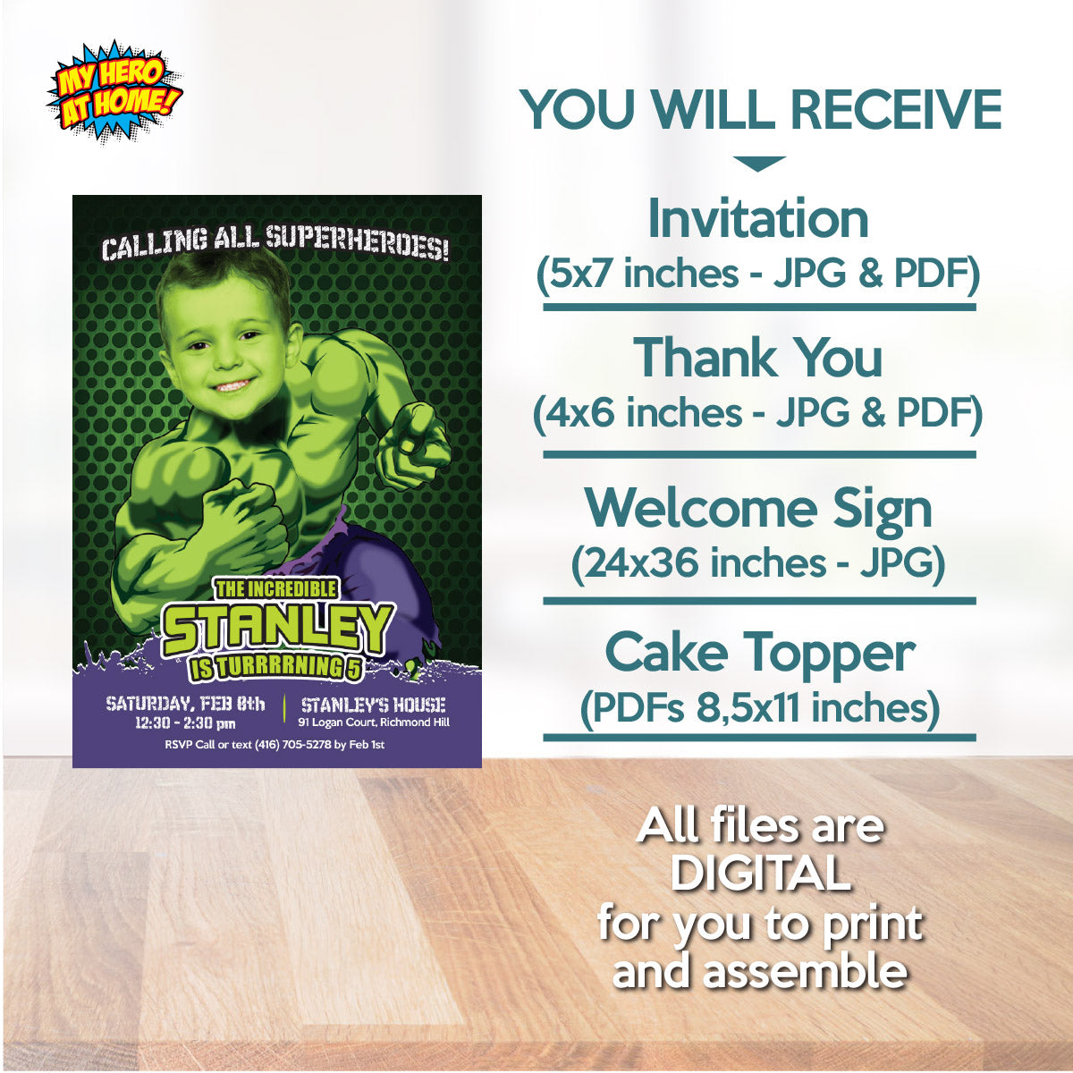 Customized Hulk Party Bundle with birthday kid as the star: Invitation, Thanks, Cake, Welcome. 089B2B