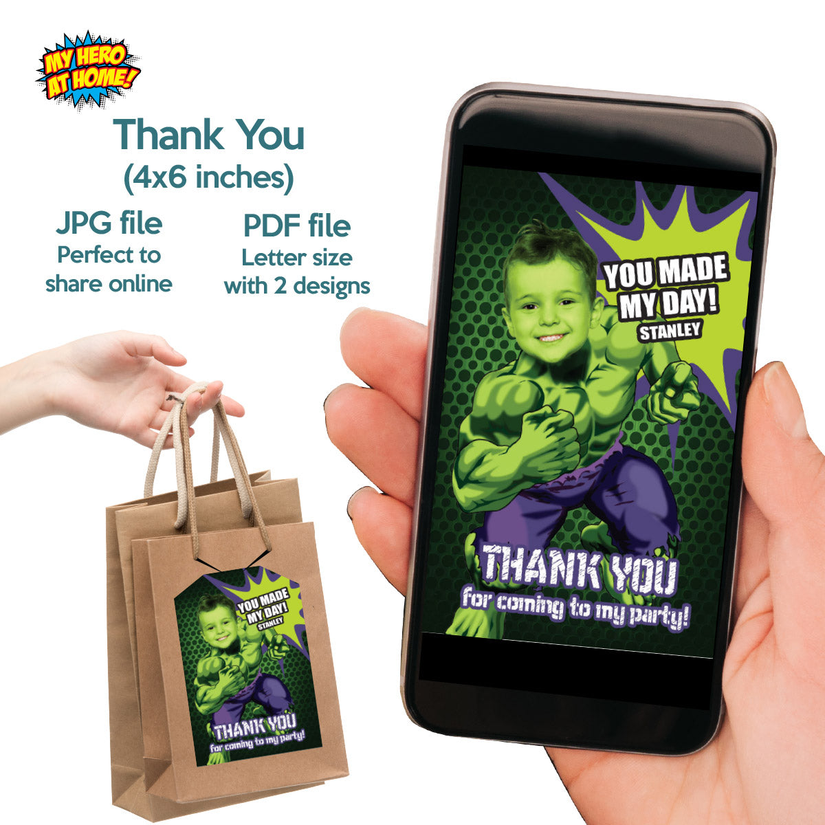 Customized Hulk Party Bundle with birthday kid as the star: Invitation, Thanks, Cake, Welcome. 089B2B