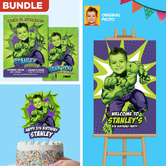 Hulk Birthday Bundle with matching items with kid as the star: Invitation, Cake, Welcome. 089B2