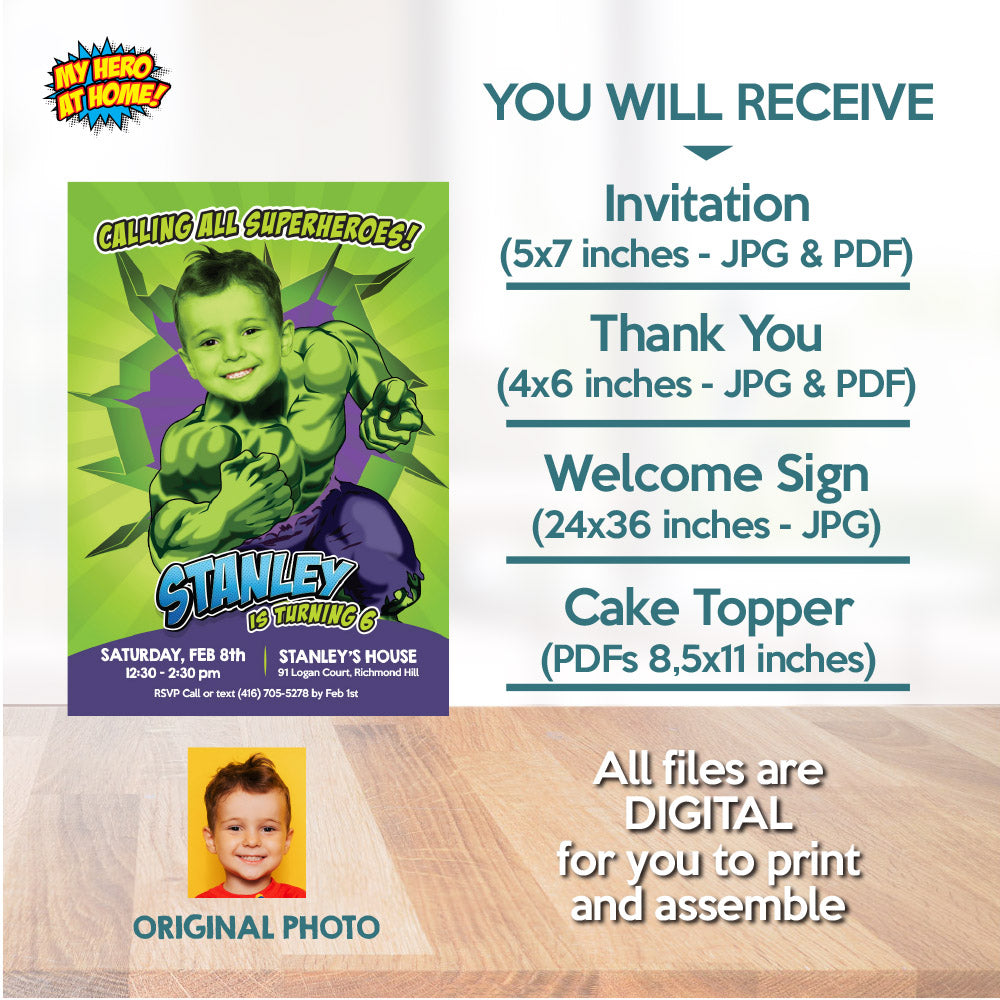 Hulk Birthday Bundle with matching items with kid as the star: Invitation, Cake, Welcome. 089B2