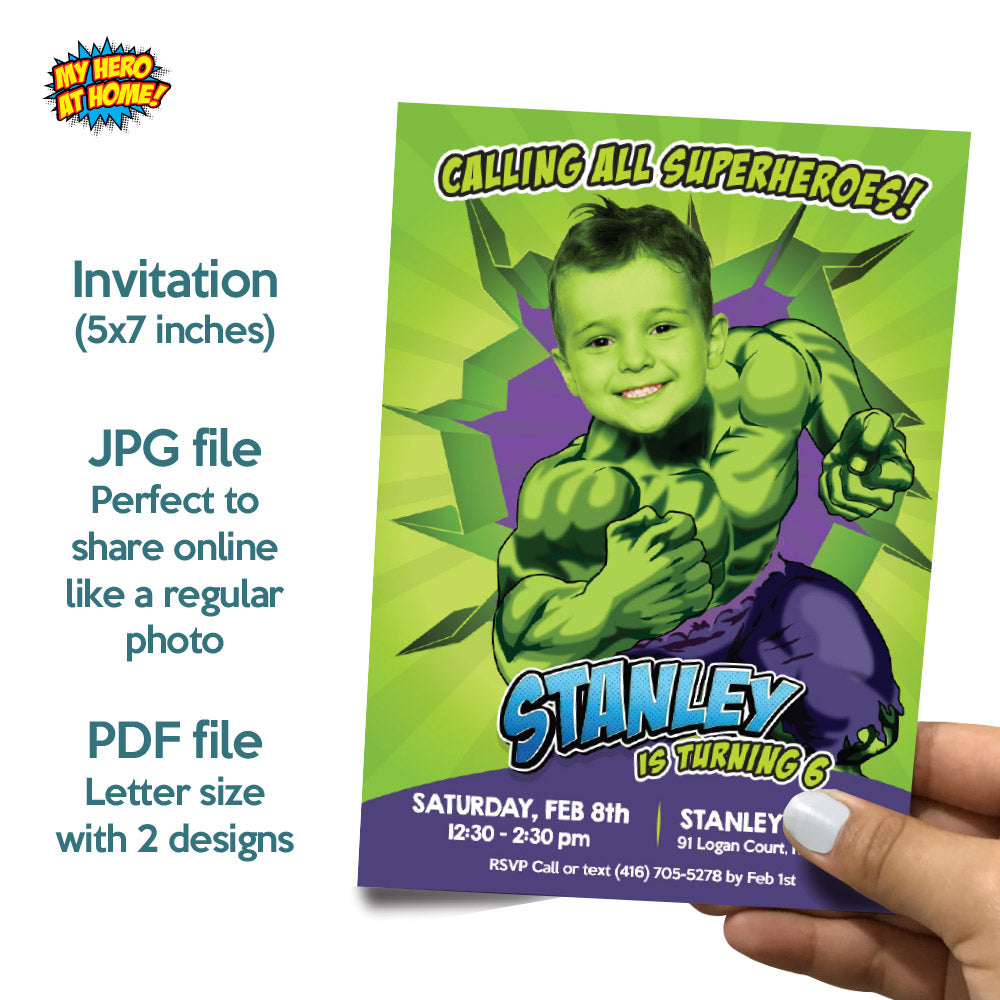 Hulk Birthday Bundle with matching items with kid as the star: Invitation, Cake, Welcome. 089B2