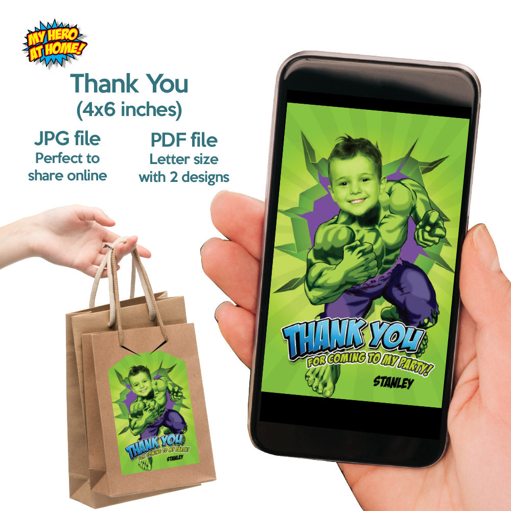 Hulk Birthday Bundle with matching items with kid as the star: Invitation, Cake, Welcome. 089B2